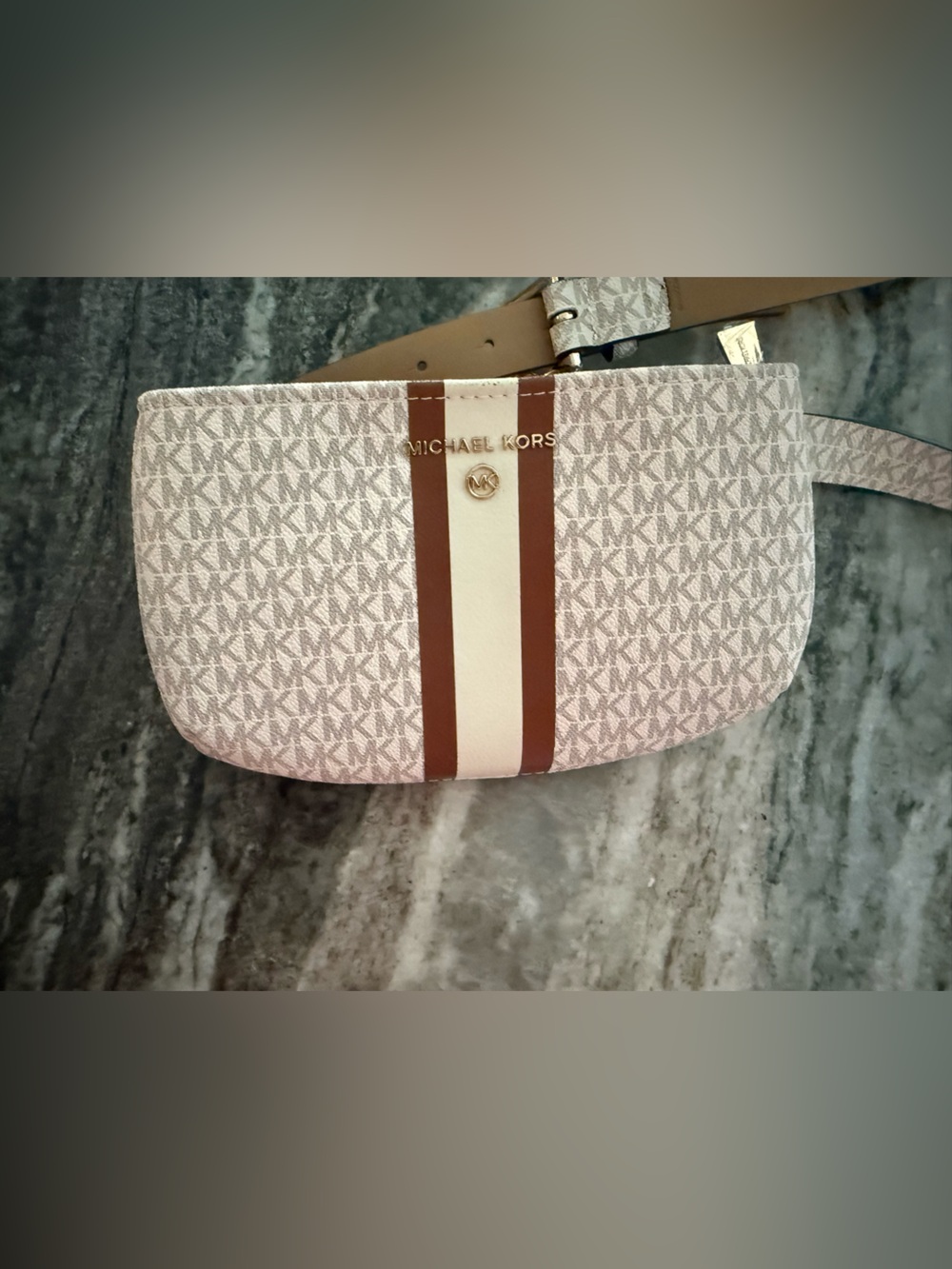 Michael Kors Cream and Brown Signature Stripe Crossbody